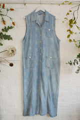 Vintage Denim Dress with Woven Flower Print - Size M/L