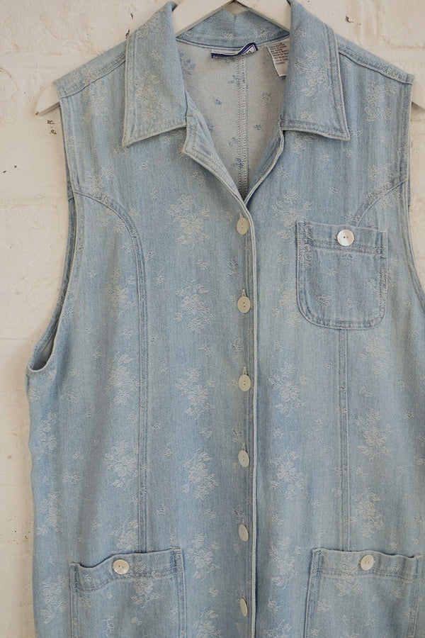 Vintage Denim Dress with Woven Flower Print - Size M/L