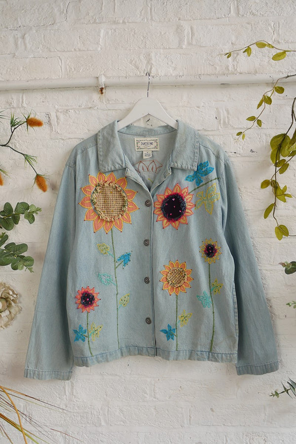 Vintage Denim Jacket - Blue Washed Embellished Sunflowers - Size S/M