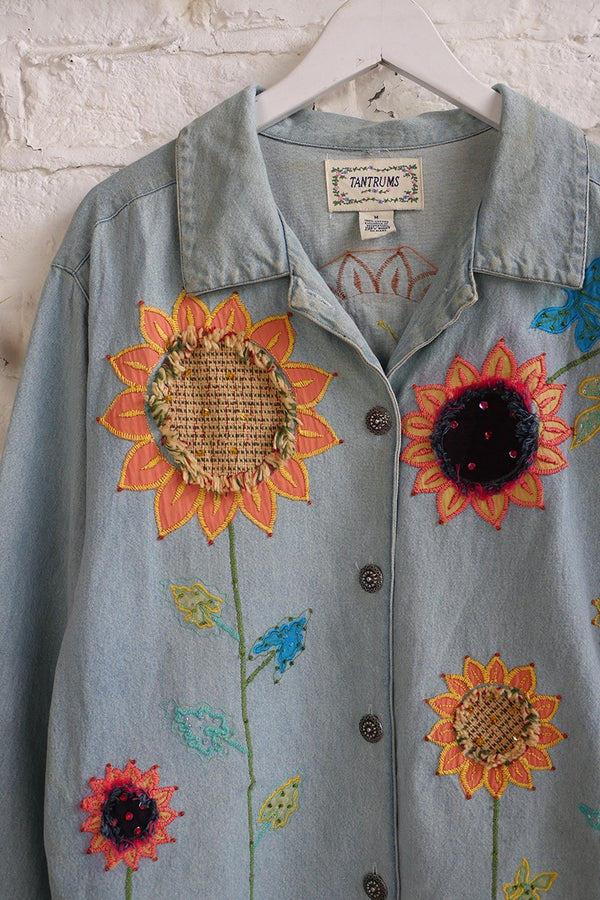 Vintage Denim Jacket - Blue Washed Embellished Sunflowers - Size S/M