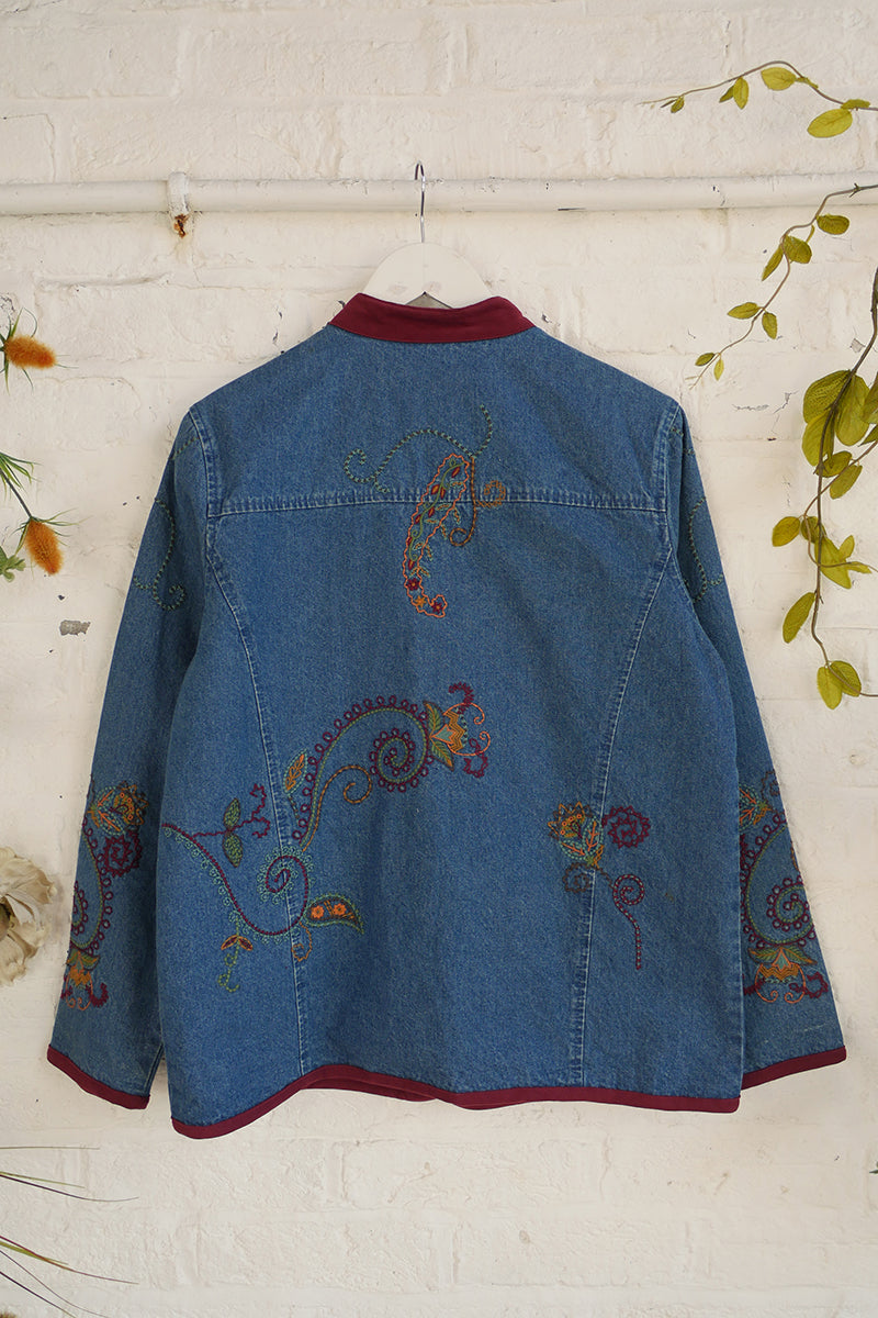 Vintage Denim Jacket - Stand Collar with Paisley Embroidery - Size S