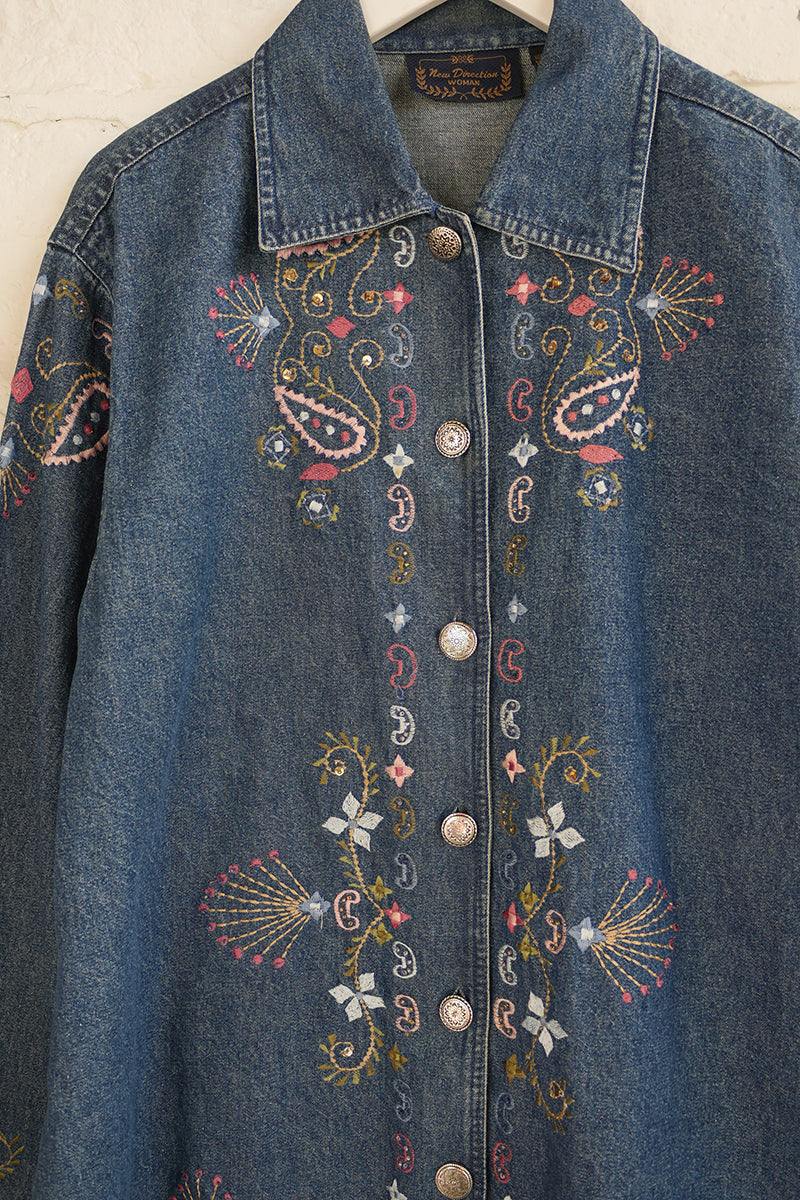 Vintage Denim Jacket - Pastel Embellished Paisley - Free Size