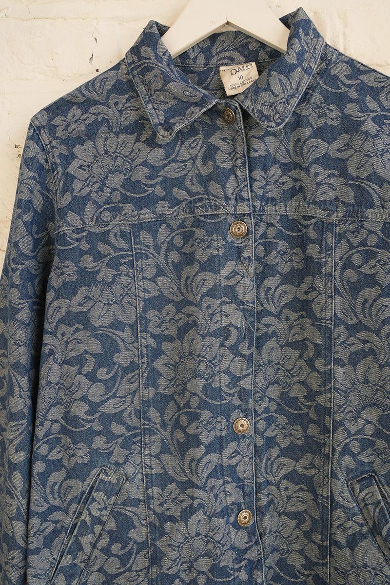 Vintage Denim Jacket - Contrast Wash Antique Floral - Size S