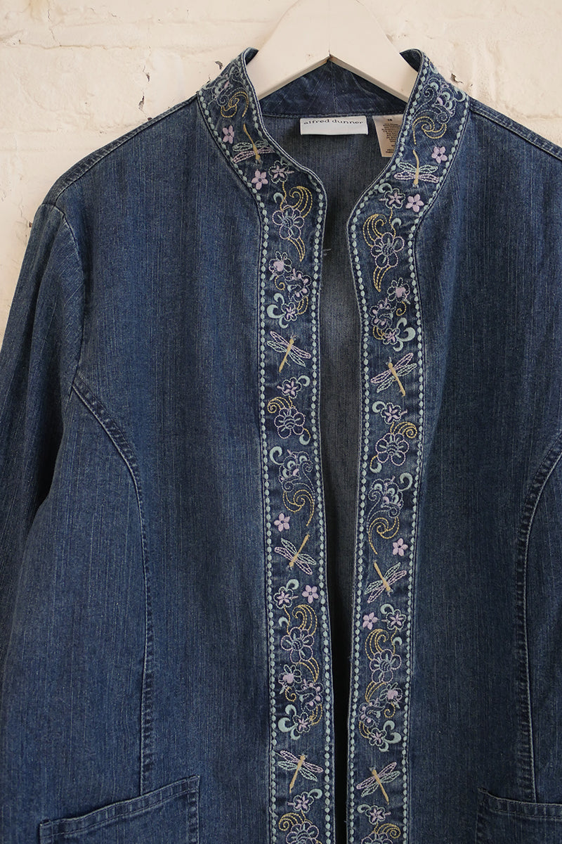 Vintage Denim Jacket - Open Style Indigo Dragonfly Floral - Free Size