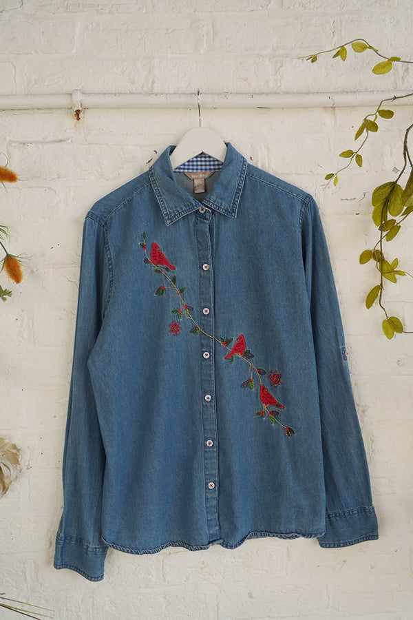 Vintage Denim Shirt - Crimson Berry Branch Cardinal - Free Size L by All About Audrey