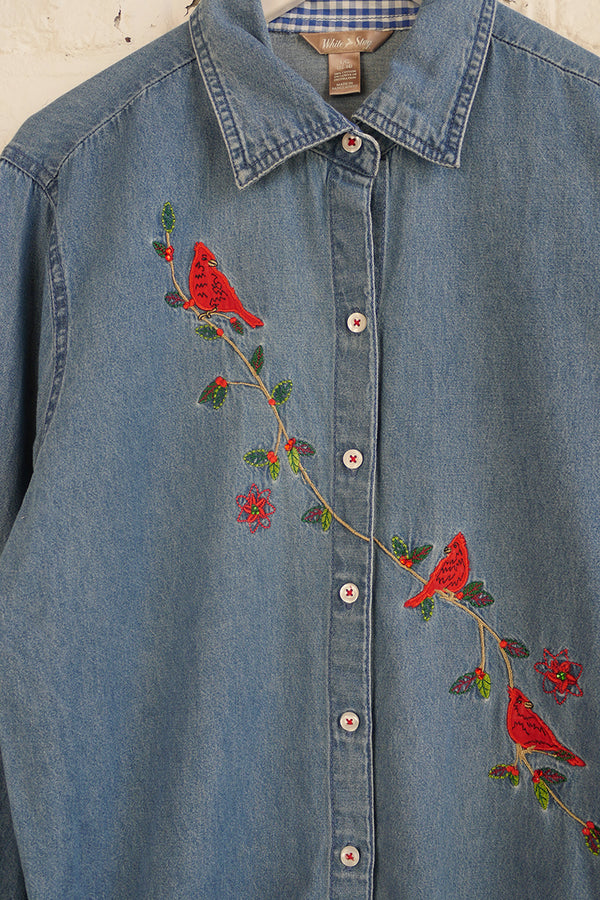 Vintage Denim Shirt - Crimson Berry Branch Cardinal - Free Size L by All About Audrey