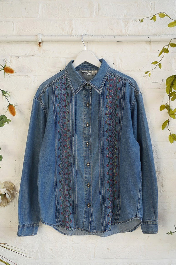 Vintage Denim Shirt - Climbing Flower Embroidery - Free Size M