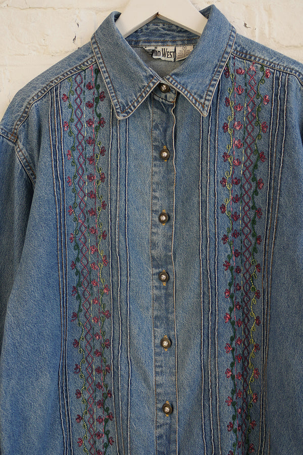 Vintage Denim Shirt - Climbing Flower Embroidery - Free Size M