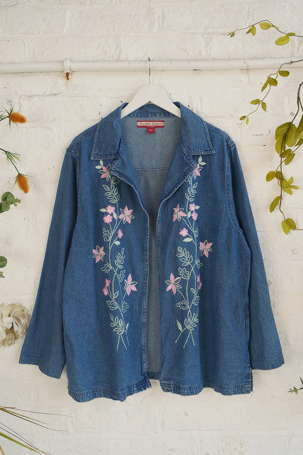 Vintage Denim Jacket - Petal & Sage Winding Flowers - Free Size