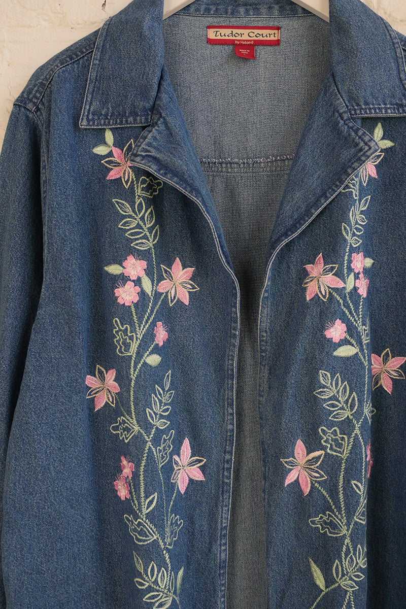 Vintage Denim Jacket - Petal & Sage Winding Flowers - Free Size