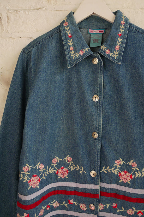 Vintage Denim Jacket - Quilted Floral Embroiery - Size S by All About Audrey