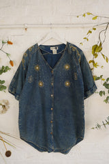 Vintage Denim Shirt - Faded Sequin Sun - Free Size 3XL