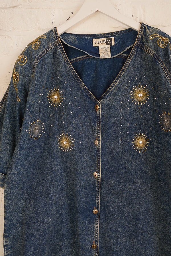 Vintage Denim Shirt - Faded Sequin Sun - Free Size 3XL