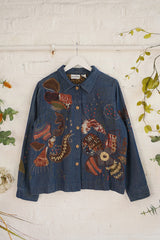 Vintage Denim Shirt - Y2K Frayed Floral - Free Size M/L