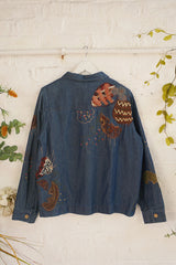 Vintage Denim Shirt - Y2K Frayed Floral - Free Size M/L