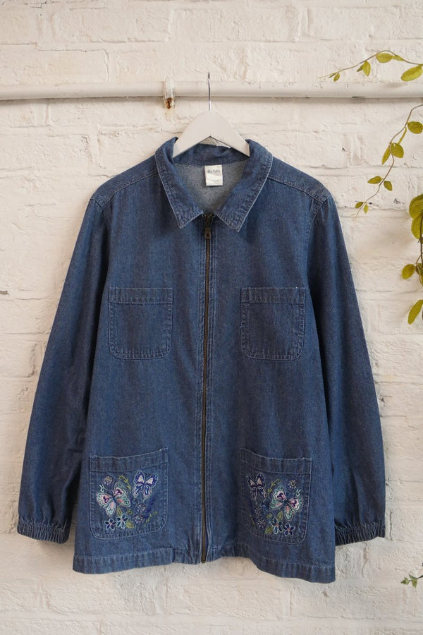 Vintage Denim Jacket - Indigo Pastel Butterfly Embroidery - Size Free L/XL