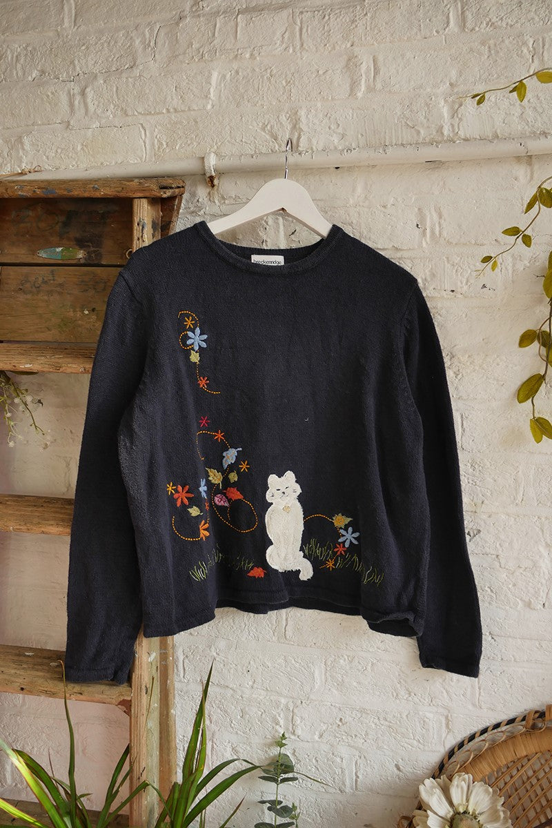 Vintage Knitwear - Kitsch Kitty Embroidery - Size M/L by All Abut Audrey