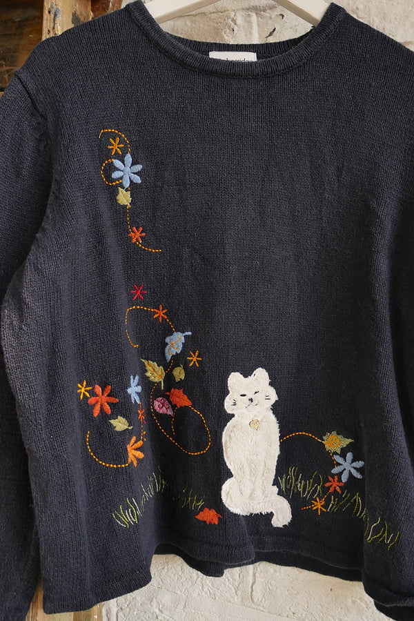 Vintage Knitwear - Kitsch Kitty Embroidery - Size M/L by All Abut Audrey