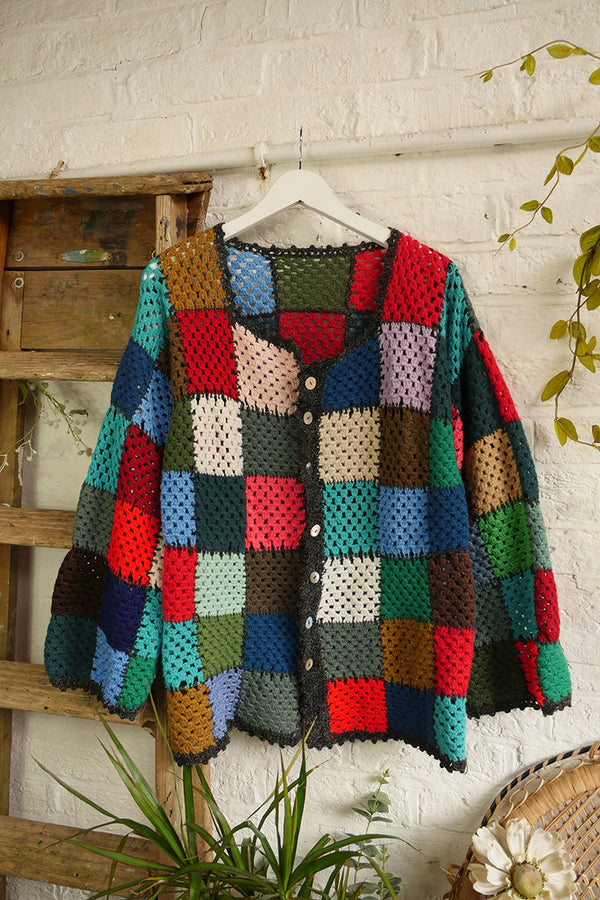 Vintage Knit Cardigan - Granny Square Patchwork - Size S - M/L by All About Audrey