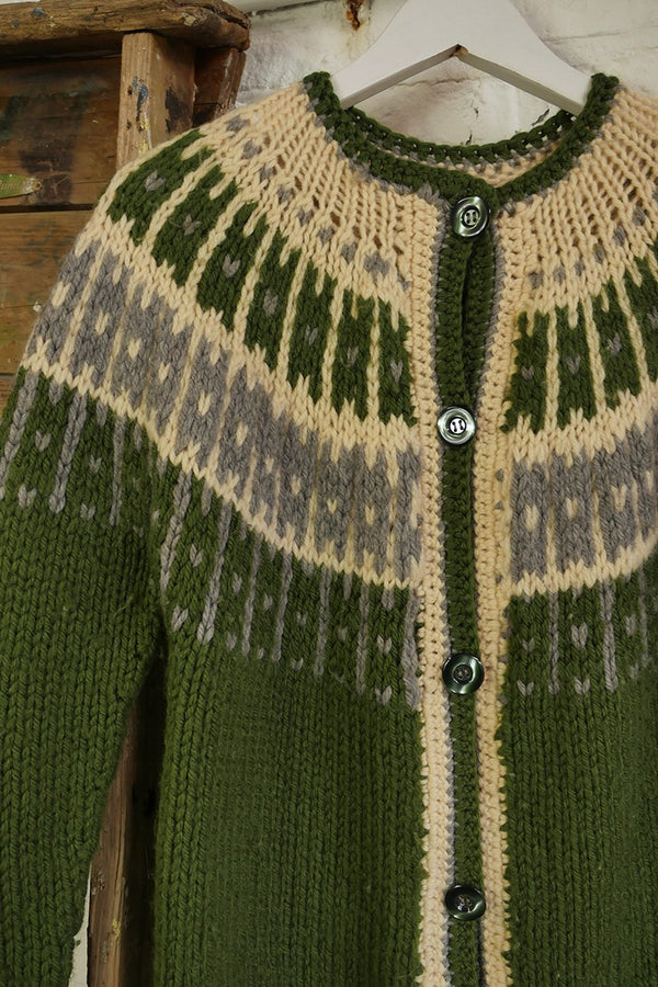 Vintage Knit Cardigan - Fern Green Fair Isle - Size XS by All About Audrey