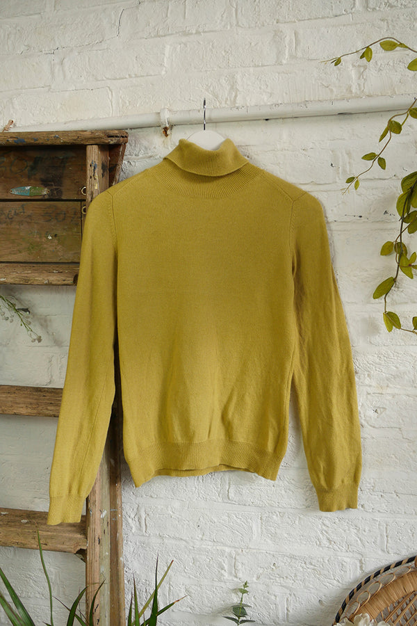 Vintage Cashmere Roll Neck Jumper in Catkin Yellow - Size XS/S by All About Audrey