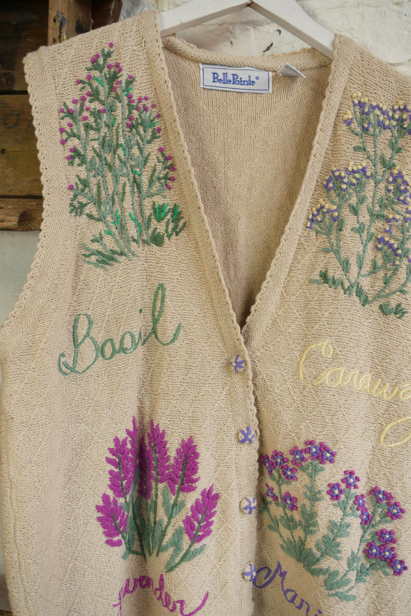 Vintage Knit Waistcoat - Fawn Herb Garden Embroidery - Free Size XL by All About Audrey