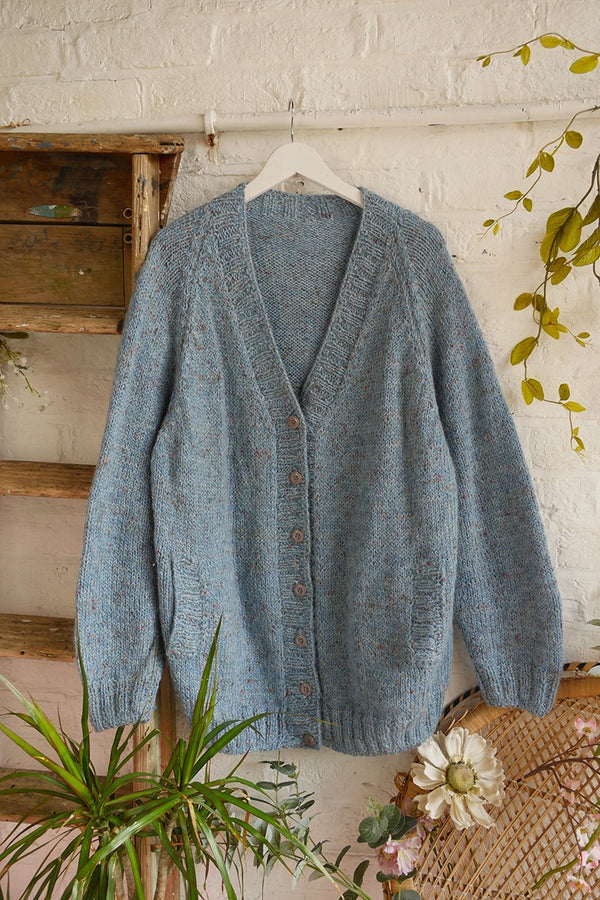 Vintage Knit Cardigan - Speckled Cornflower Blue - Free Size 3XL