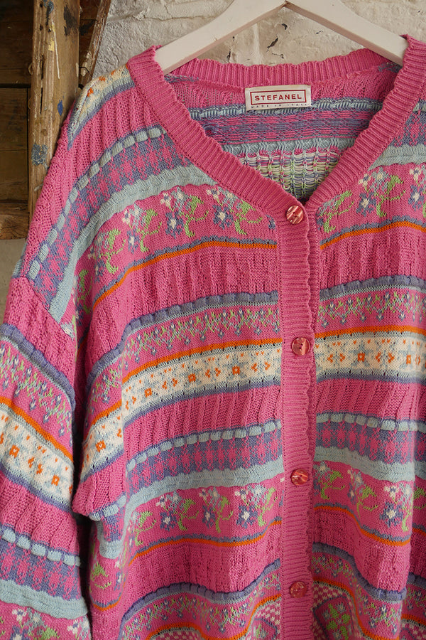 Vintage Knit Cardigan - Pink Sky Floral Cross Stitch Stripe - Size XXL by All About Audrey