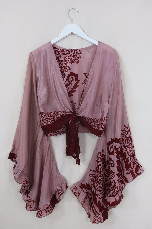 SALE Venus Wrap Top - Dusty Pink & Ruby Swirls - Vintage Sari - Size M/L by All About Audrey