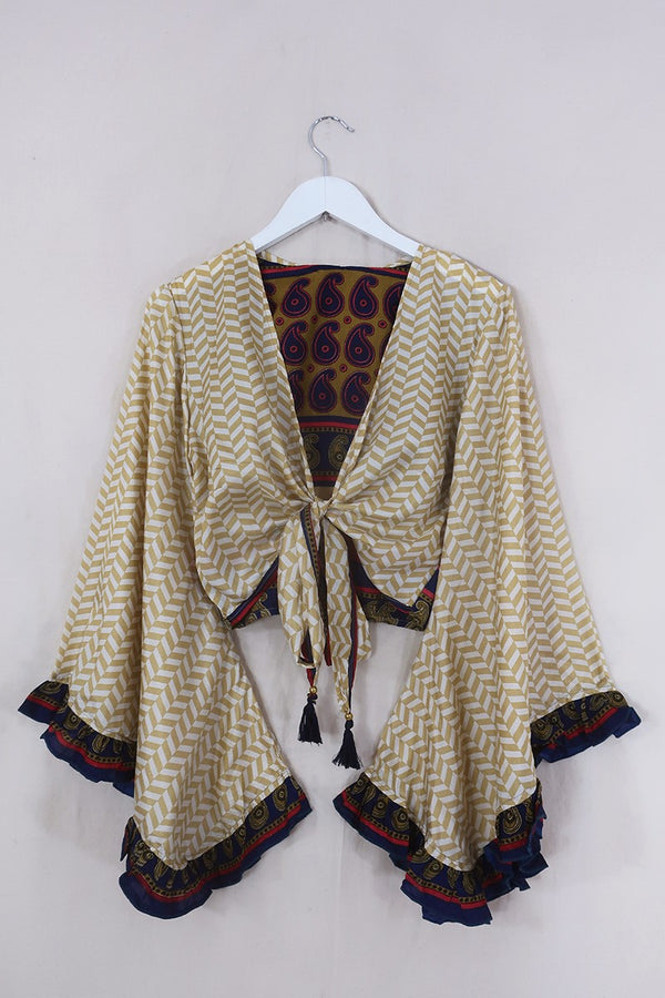 Venus Wrap Top - Stone & Indigo Paisley - Vintage Sari - Size M/L by All About Audrey