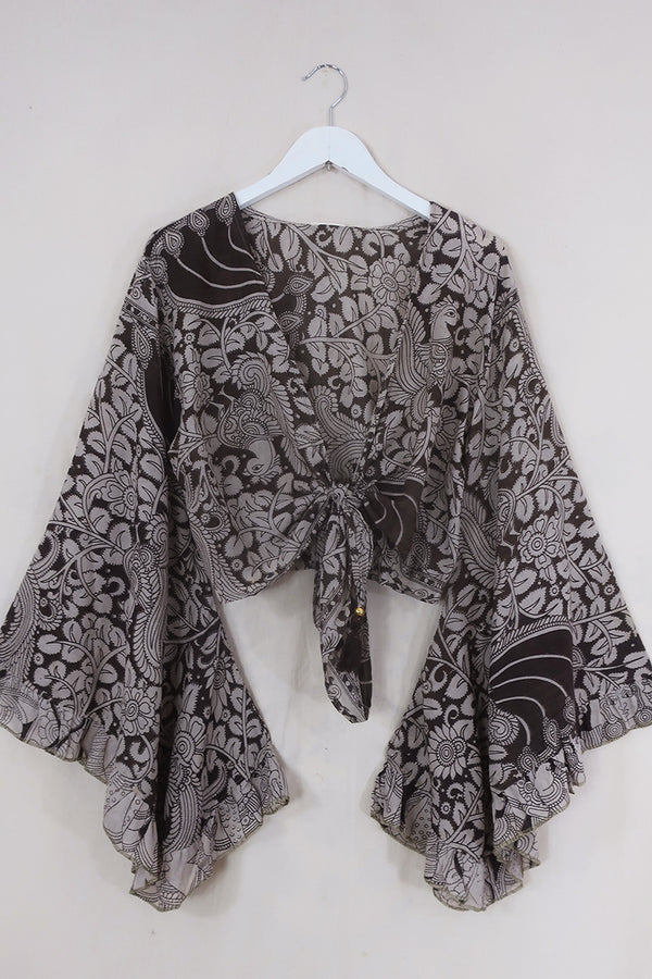 Venus Cotton Wrap Top - Shadow Grey Peacocks - Size L/XL by All About Audrey