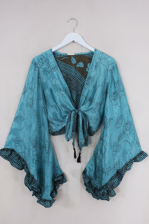 Venus Wrap Top - Georgian Blue Roses - Vintage Sari - Size M/L