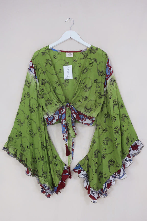 Venus Cotton Wrap Top - Lime Green Peacocks - Size L/XL by All About Audrey