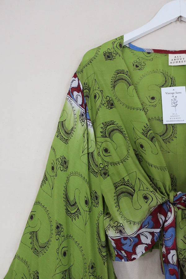 Venus Cotton Wrap Top - Lime Green Peacocks - Size L/XL by All About Audrey
