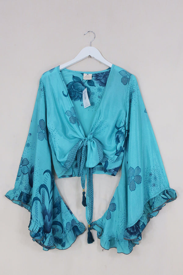 SALE | Venus Wrap Top - Celeste Blue Roses - Vintage Sari - Size S/M