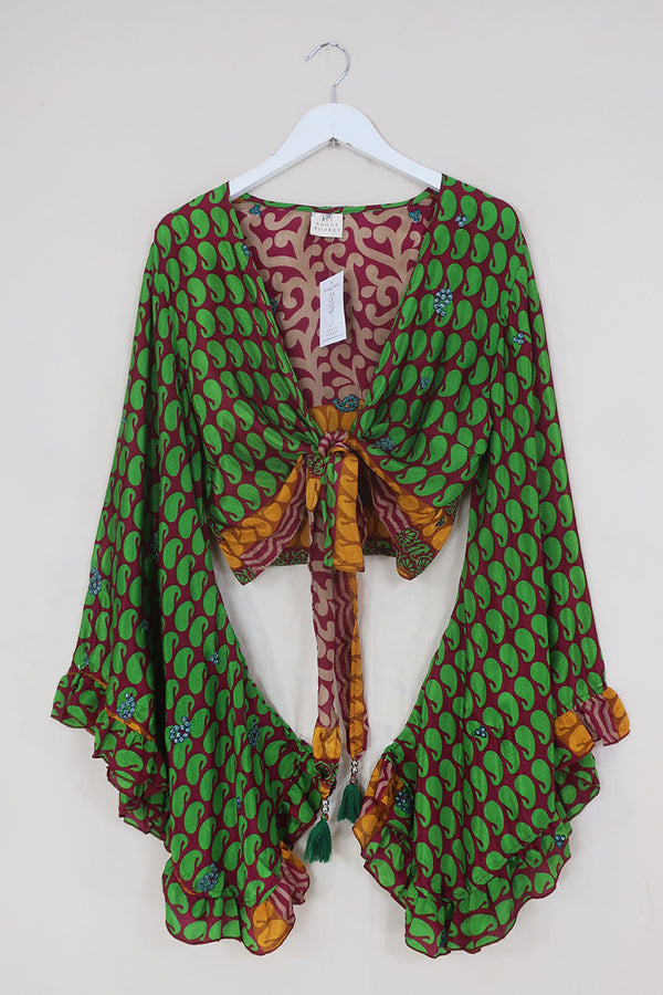 Venus Wrap Top - Embellished Auburn & Lime Paisley - Vintage Sari - L/XL by All About Audrey