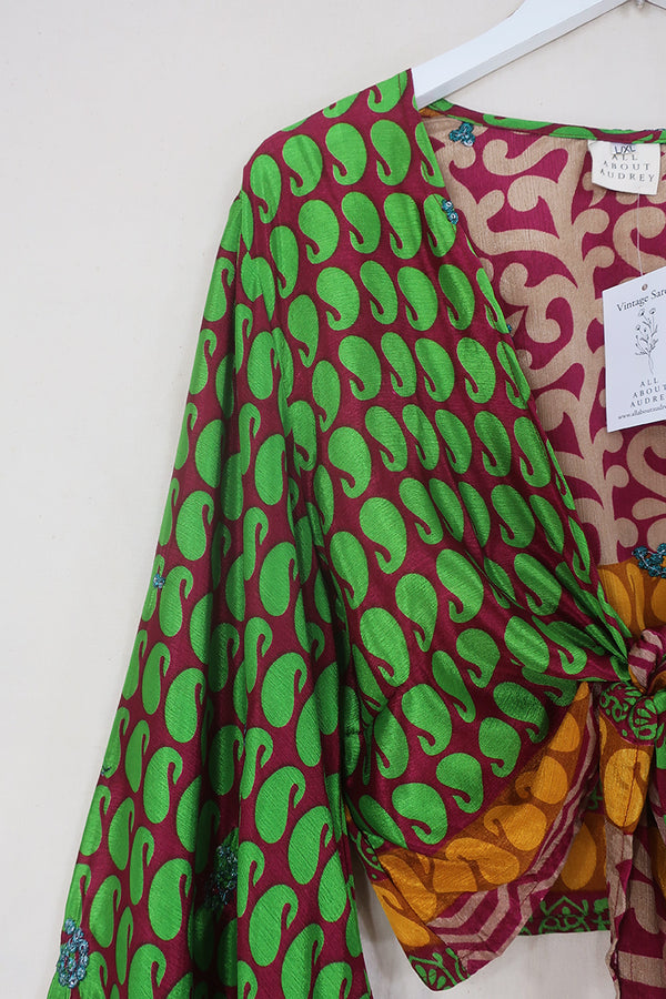Venus Wrap Top - Embellished Auburn & Lime Paisley - Vintage Sari - L/XL by All About Audrey