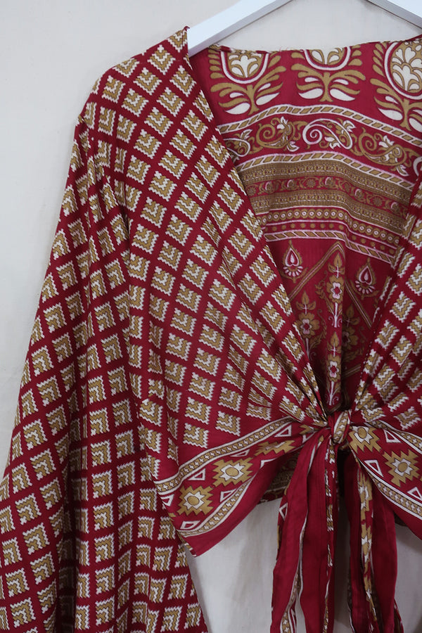 SALE Venus Wrap Top - Crimson & Gold Mosaic - Vintage Sari - L/XL by All About Audrey