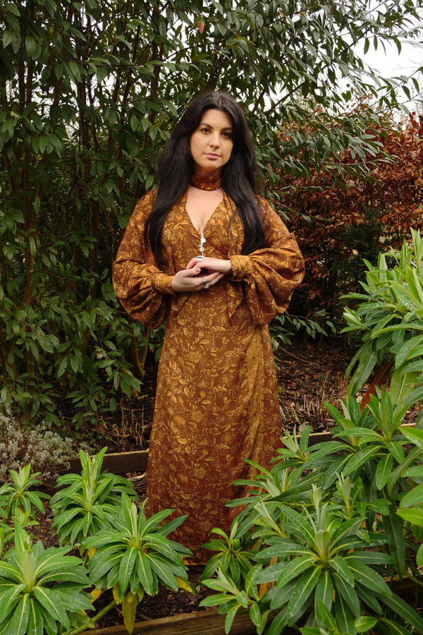 Lola Folklore Floral Wrap Dress in Witch-Hazel Gold