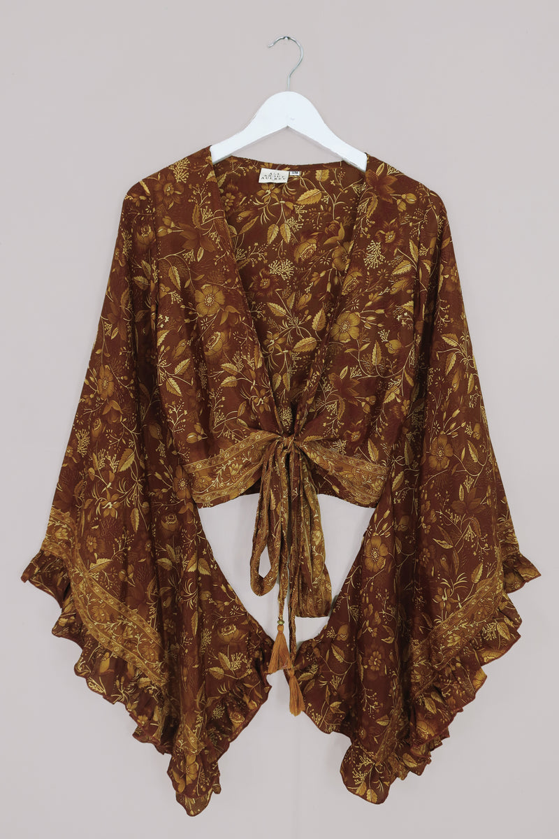 Venus Folklore Floral Wrap Top in Witch-Hazel Gold