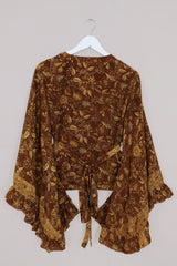 Venus Folklore Floral Long Wrap Top in Witch-Hazel Gold