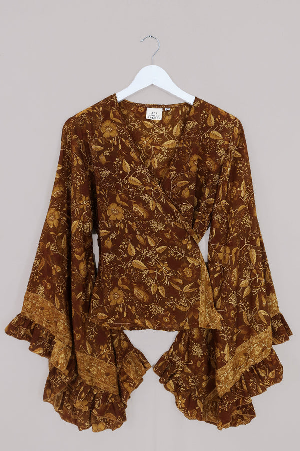 Venus Folklore Floral Long Wrap Top in Witch-Hazel Gold by All About Audrey