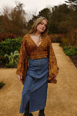 Venus Folklore Floral Wrap Top in Witch-Hazel Gold