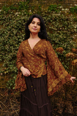 Venus Folklore Floral Long Wrap Top in Witch-Hazel Gold