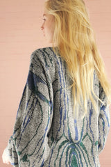 Vintage Grandad Jumper - Stone Grey, Blue & Green Abstract - L by All About Audrey
