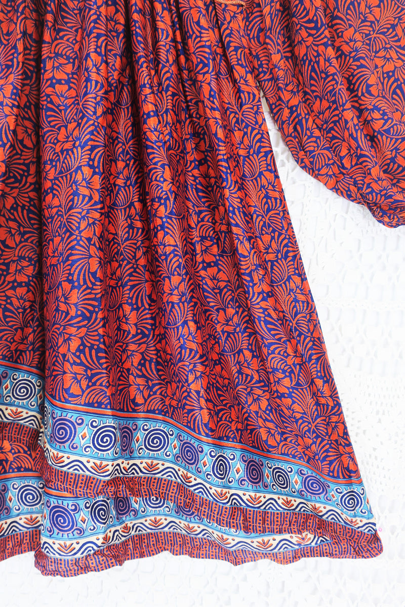 Joplin Frill Dress - Vintage Indian Sari - Sapphire & Electric Coral F ...