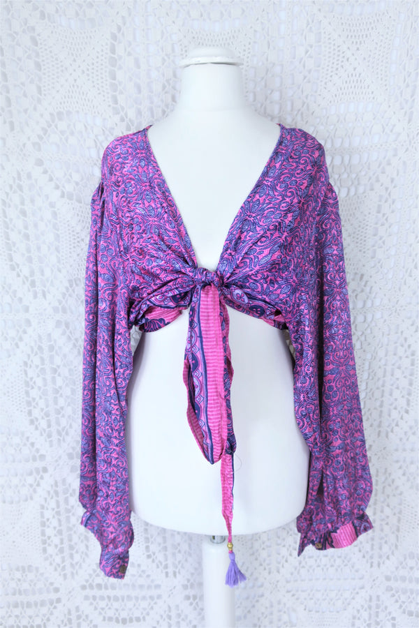 Lola Bohemian Wrap Top - Vintage Indian Sari - Pink & Sapphire Shimmering Paisley - XL/XXL