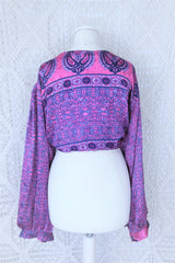 Lola Bohemian Wrap Top - Vintage Indian Sari - Pink & Sapphire Shimmering Paisley - XL/XXL