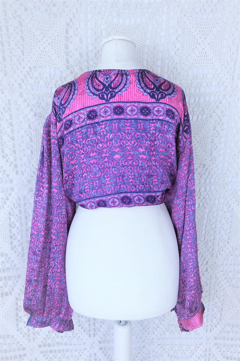 Lola Bohemian Wrap Top - Vintage Indian Sari - Pink & Sapphire Shimmering Paisley - XL/XXL