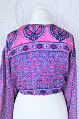 Lola Bohemian Wrap Top - Vintage Indian Sari - Pink & Sapphire Shimmering Paisley - XL/XXL